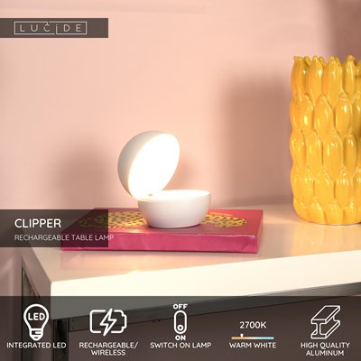 Lucide CLIPPER - Rechargeable Table lamp - Battery pack - Ø 12 cm - LED - 1x2,2W 2700K - White